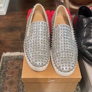 Louboutin Men's Silver Spiked Slip-On Shoes